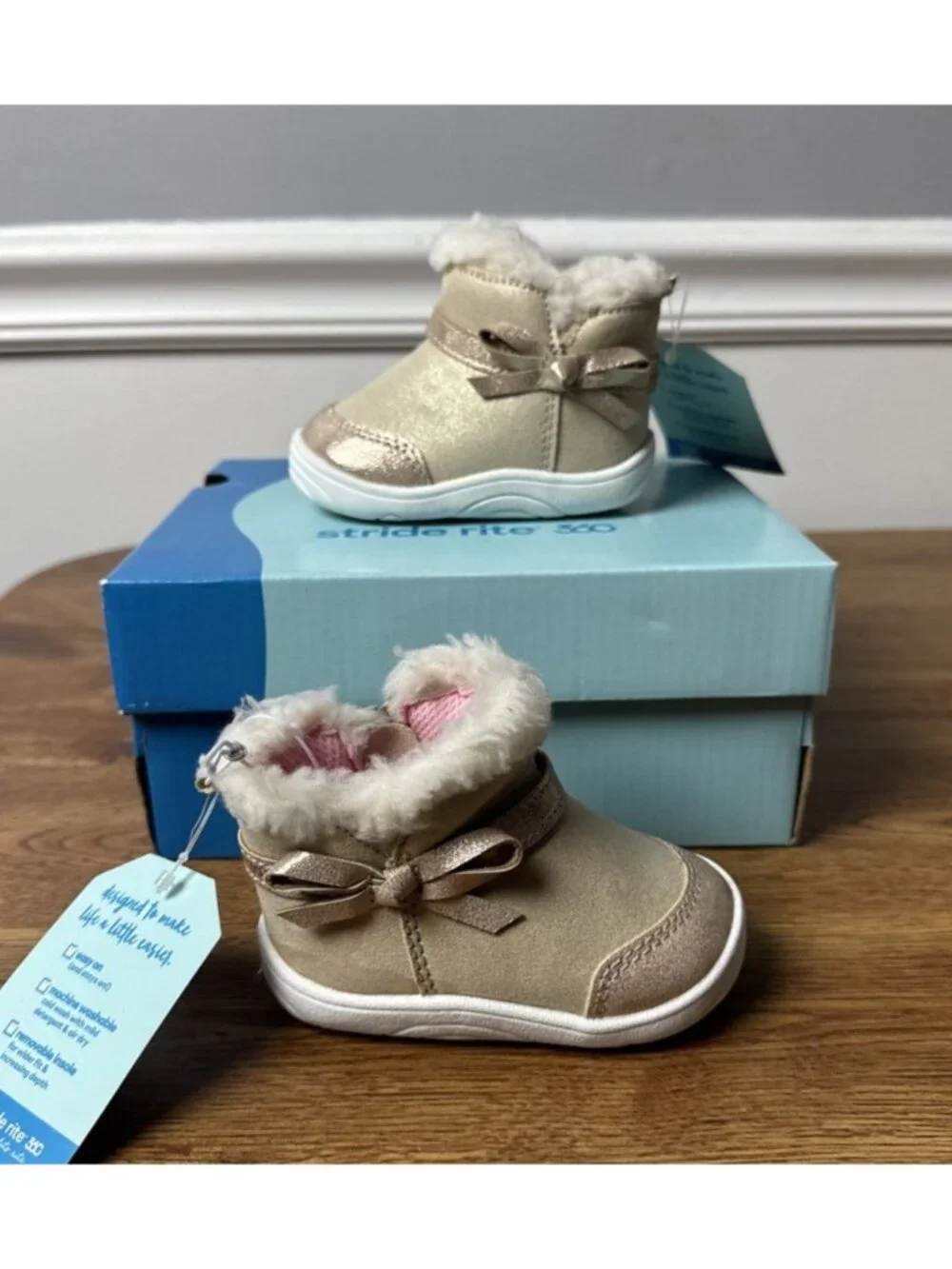 Stride Rite 360 Toddler Girls 3M Side Zip Champagne Faux Fur Zina Ankle Boot